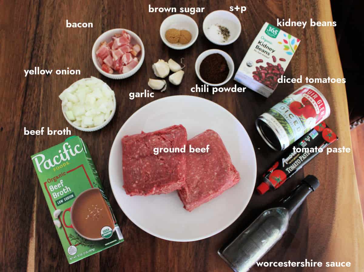 chili ingredients on a wood countertop
