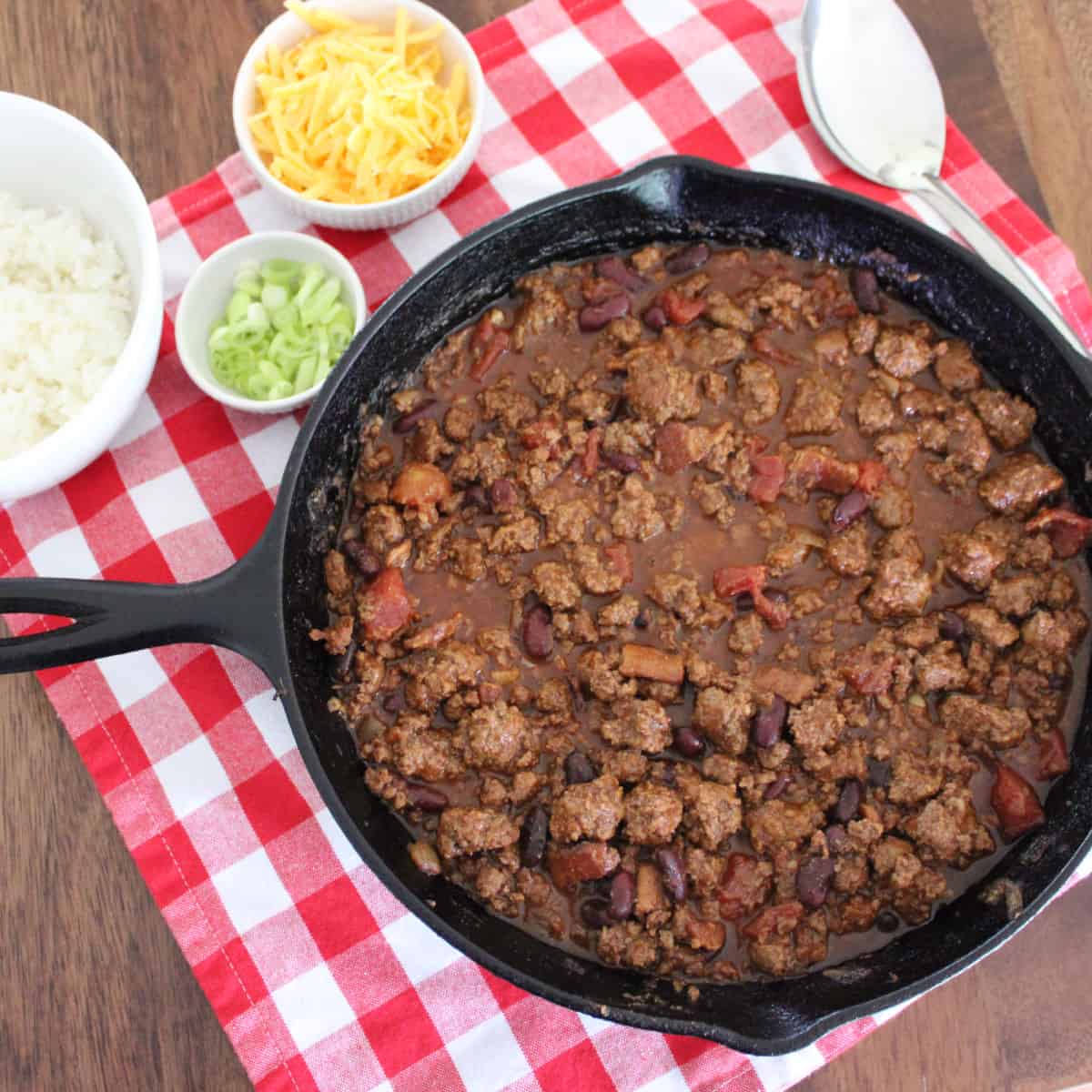 Hawaiian style beef chili in a cast iron skillet