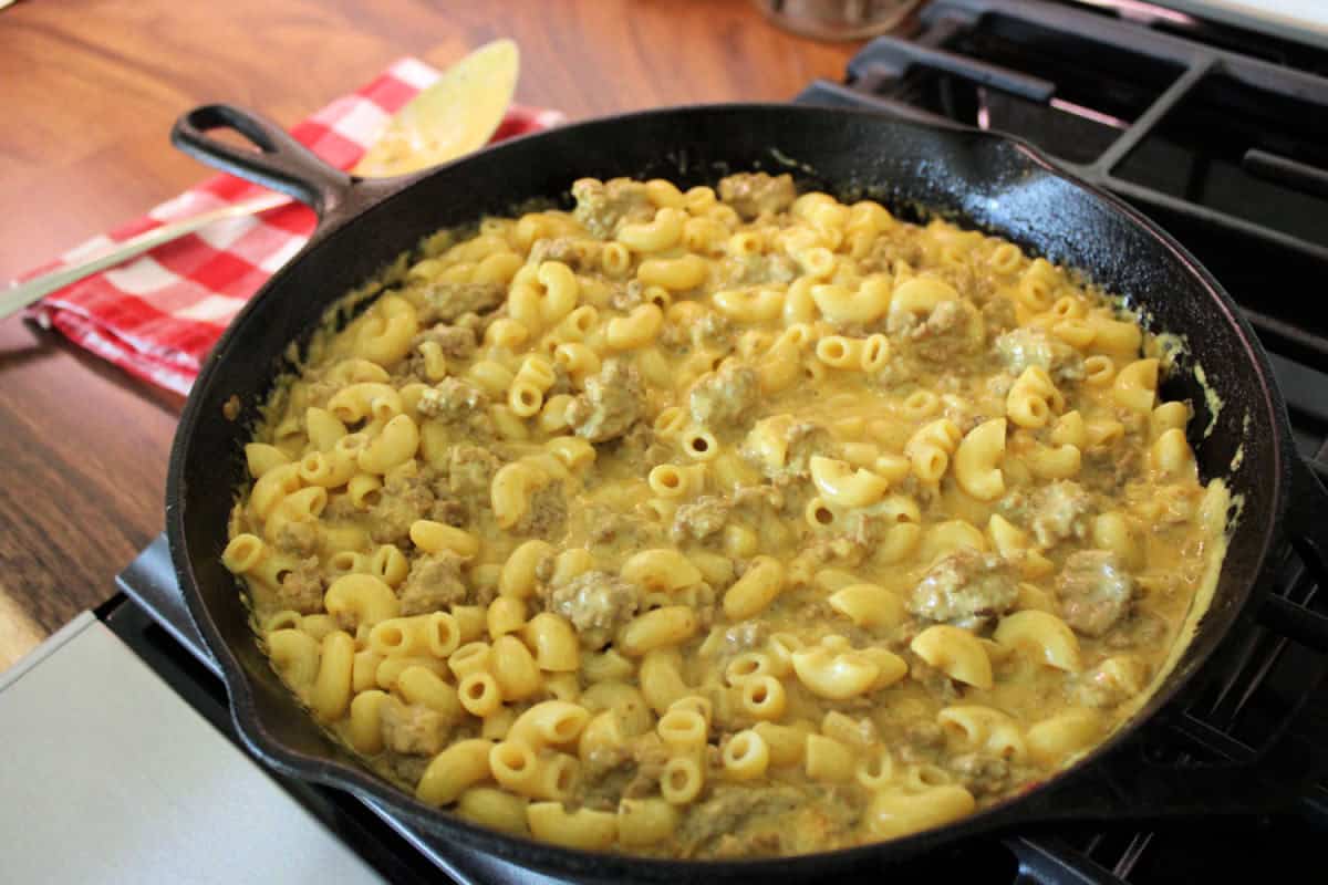 homemade hamburger helper on the stovetop 