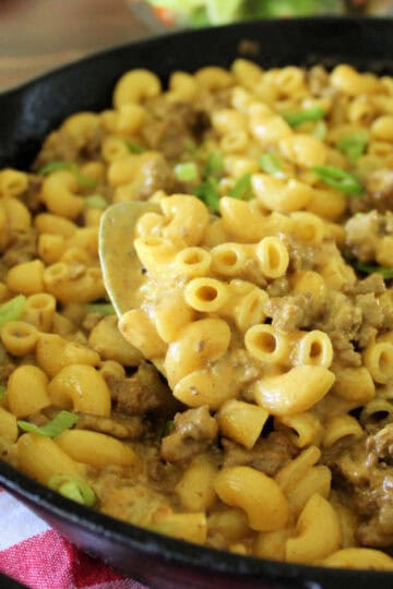 homemade hamburger helper in a cast iron skillet