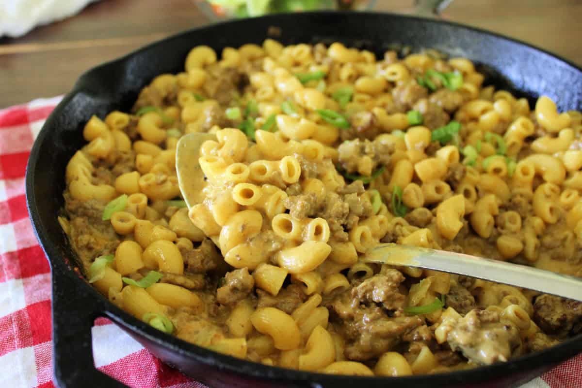 homemade hamburger helper in a black cast iron skillet