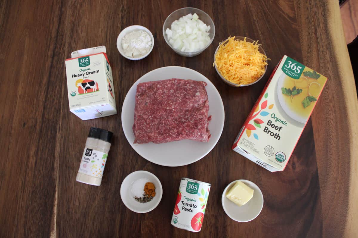 homemade hamburger helper ingredients on a wood contertop