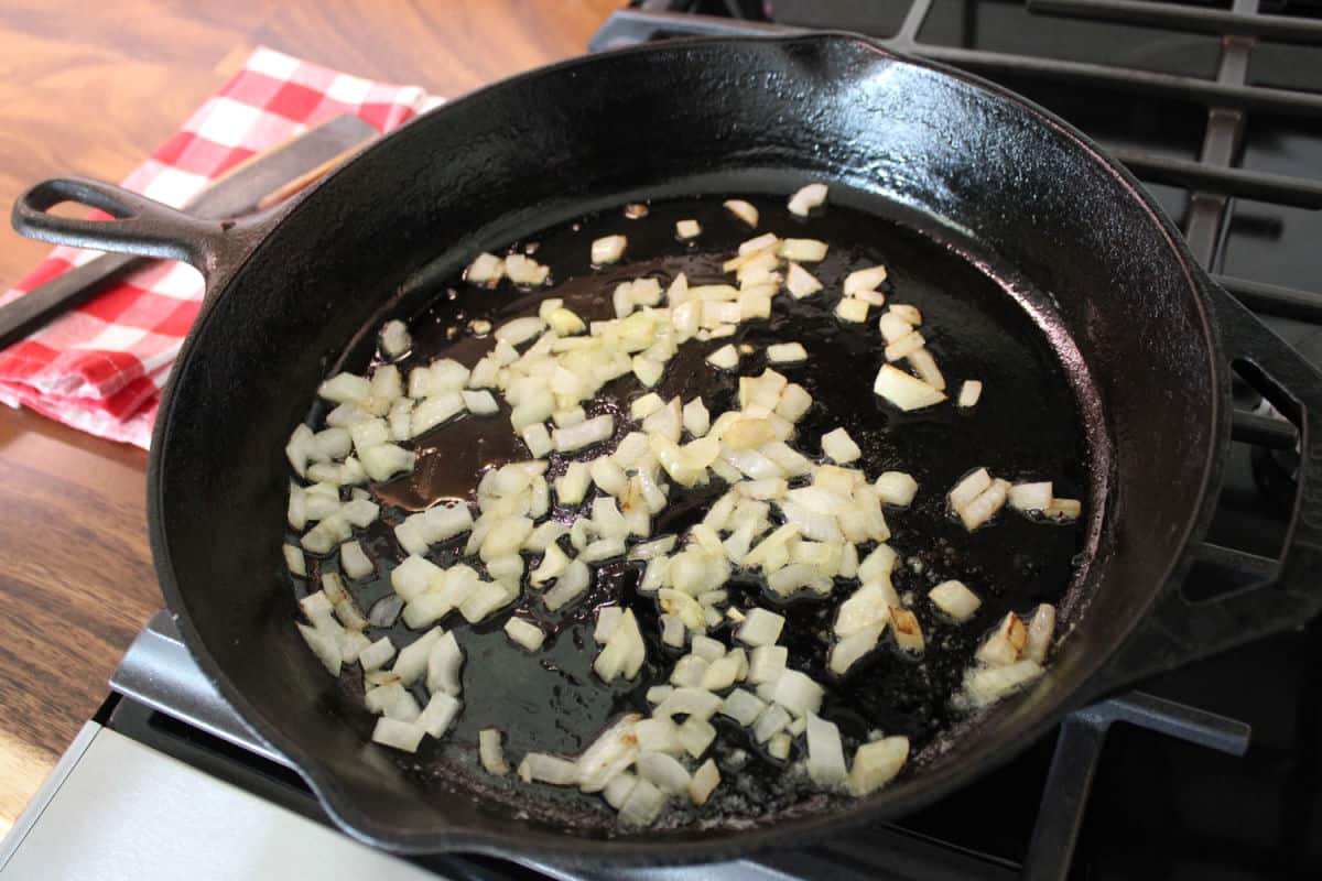 onions sauteed in cast iron skillet