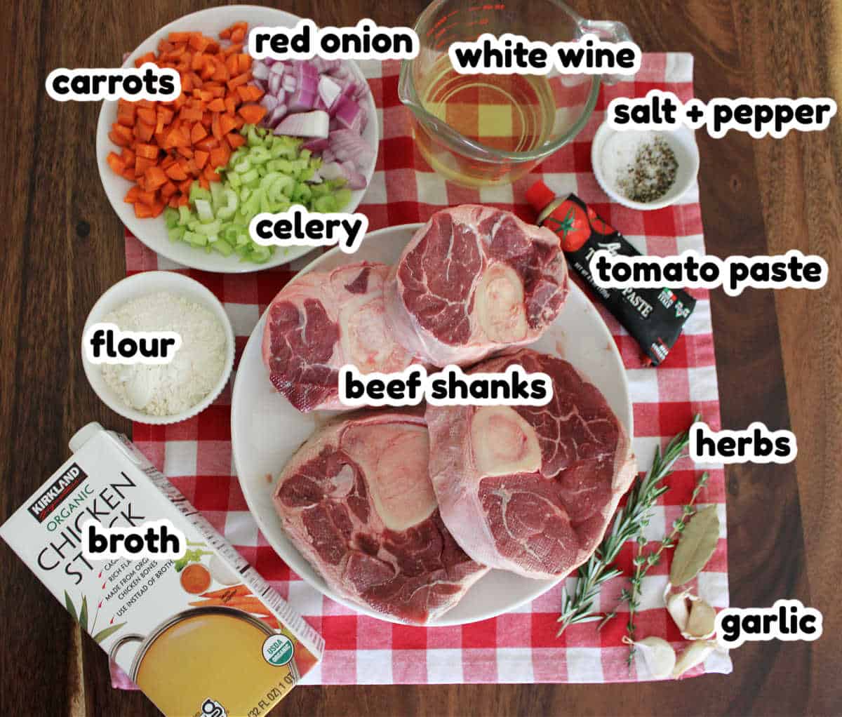 over head ingredient shot of slow cooker osso buco recipe