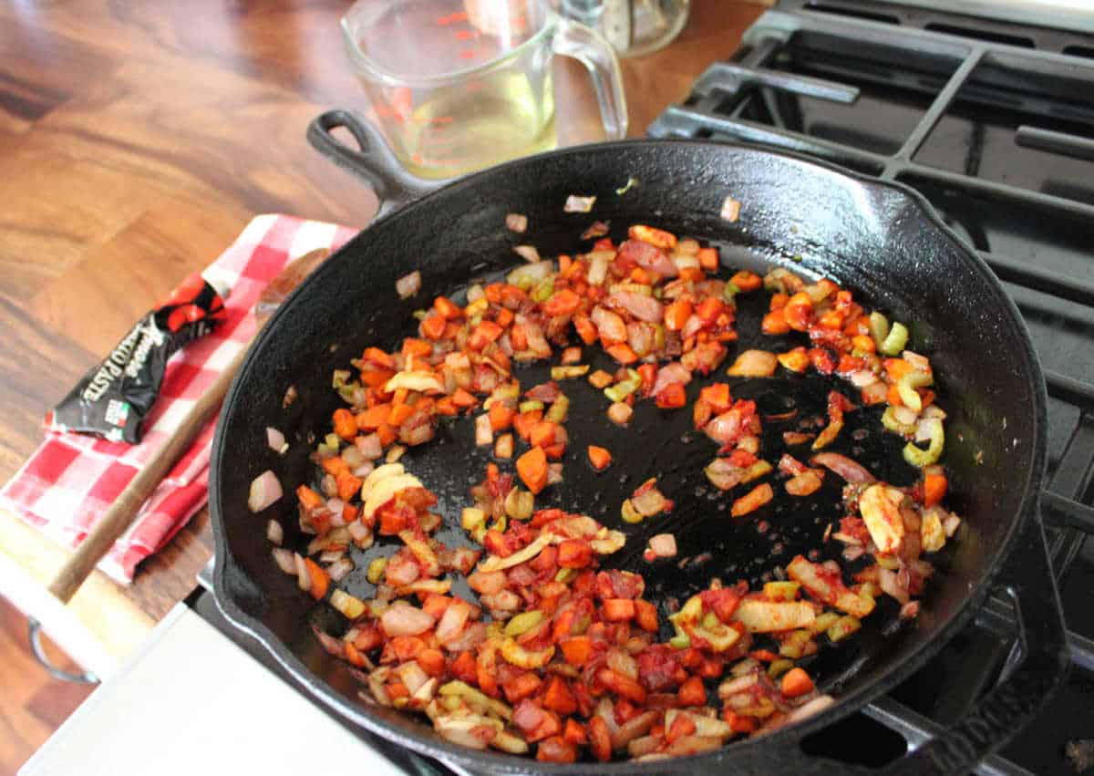 softened carrots, celery, and redion in  a cast iron skillet