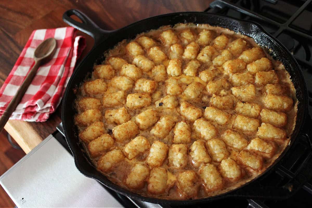 cowboy casserole with a crispy tater tot topping