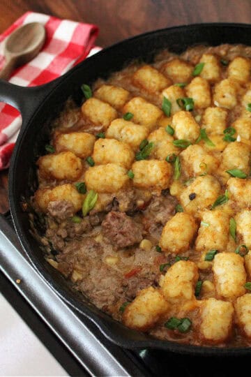 cowboy casserole in a cast iron skillet