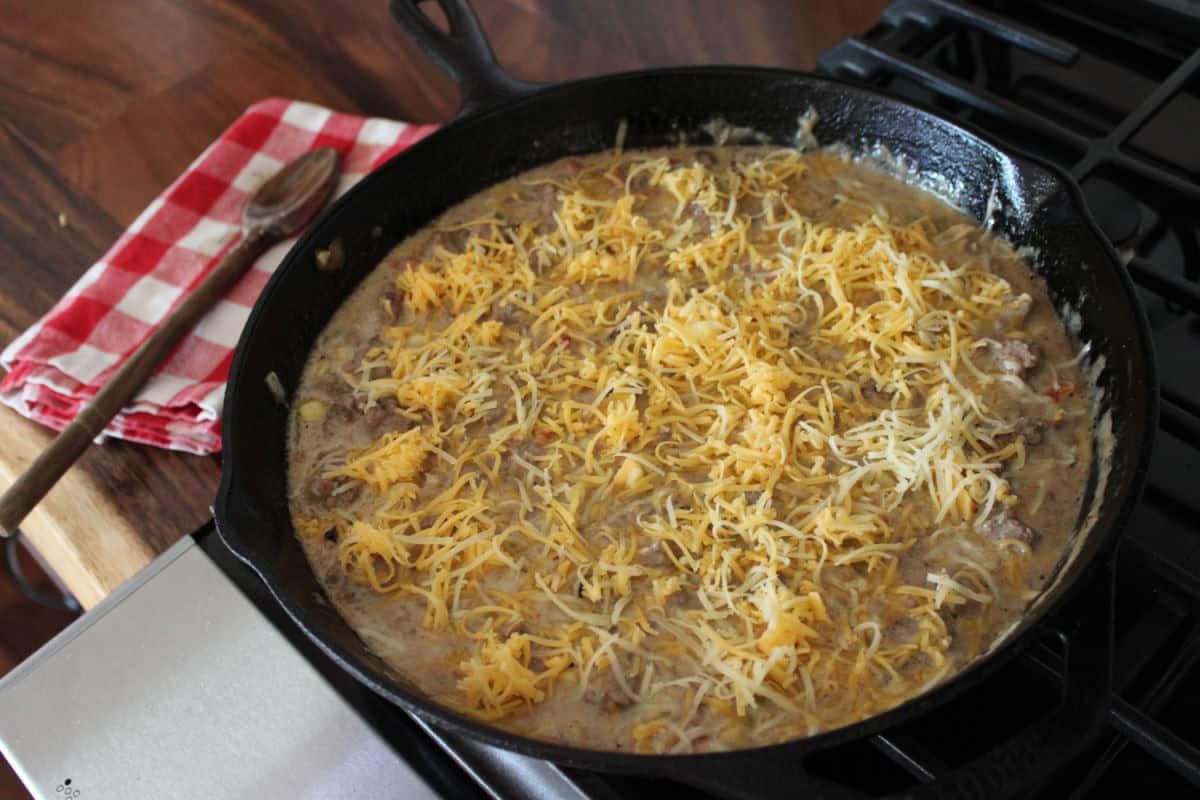 cheese topping on a creamy beef mixture