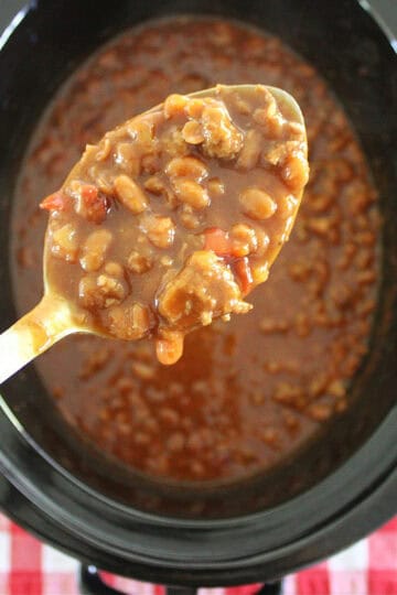 cowboy baked beans in a back slow cooker