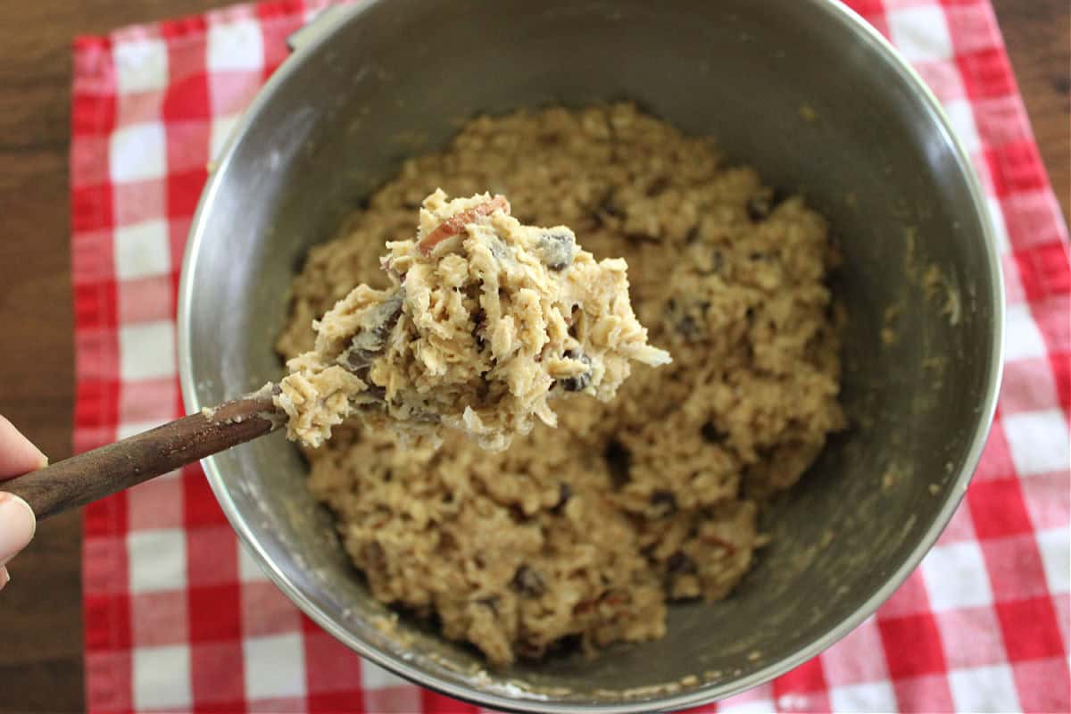 cowboy cookie dough on a wooden spoon