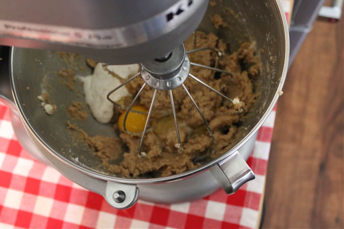 wet ingredients in a stand mixer