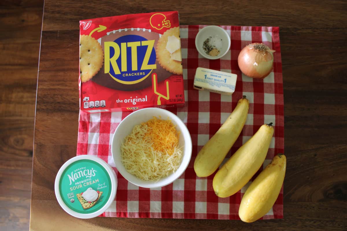 overhead shot of yellow squash casserole ingredients